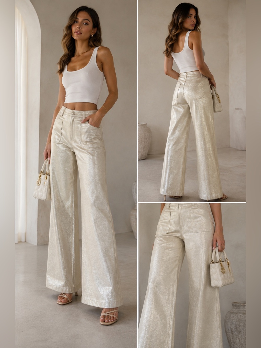 NWT Christian Dior Metallic Wide Leg Oblique Hem Jeans FR38 US6 Made Italy